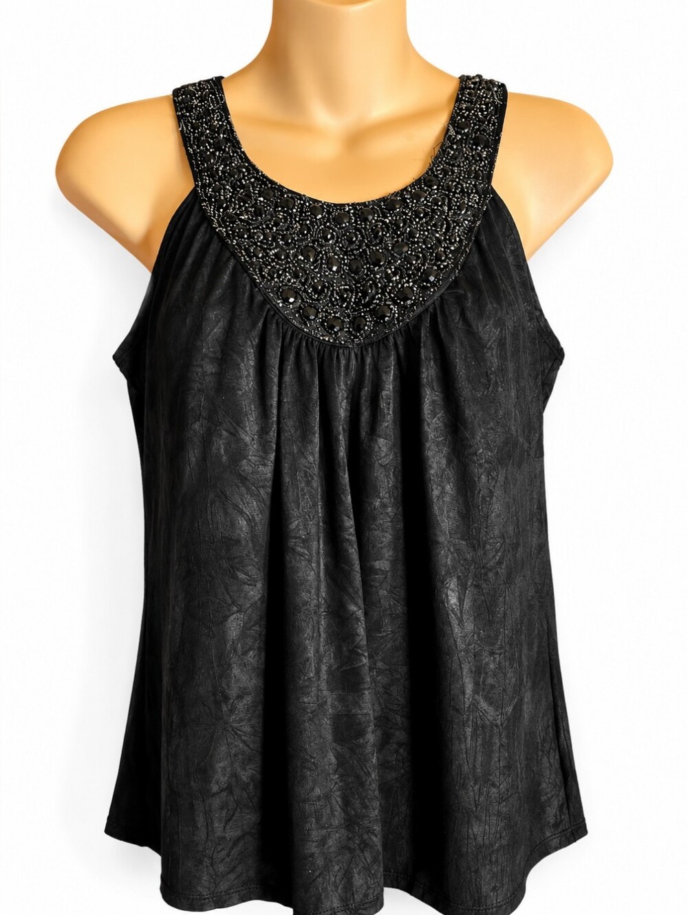 IZ Byer California Black Beaded Sleeveless Tunic Top Size M Embellished Crinkle